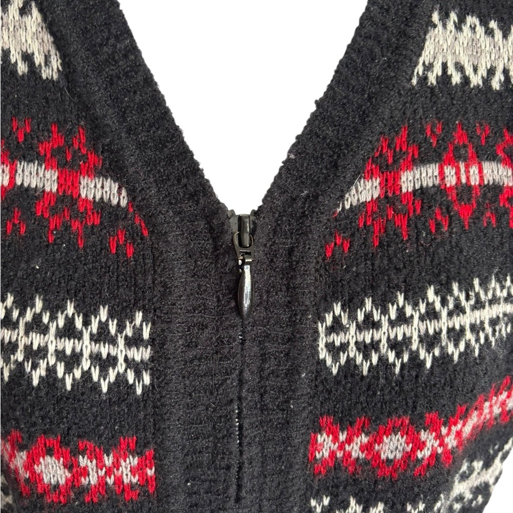 Vintage Nordic Knit Vest Full Zip Sweater Black Red White Fair Isle Sleeveless - Picture 4 of 11
